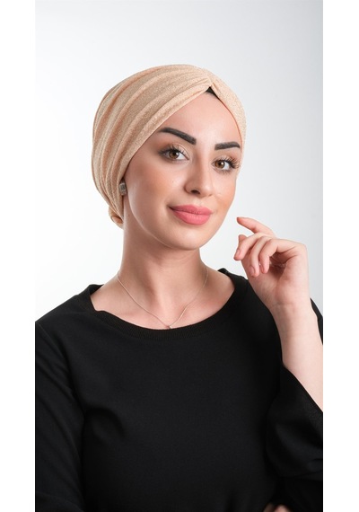 Hürrem Bone Bej Pratik Hazır Geçmeli Tesettür Bone Fukuro Simli Büzgülü 2116 12 Bej