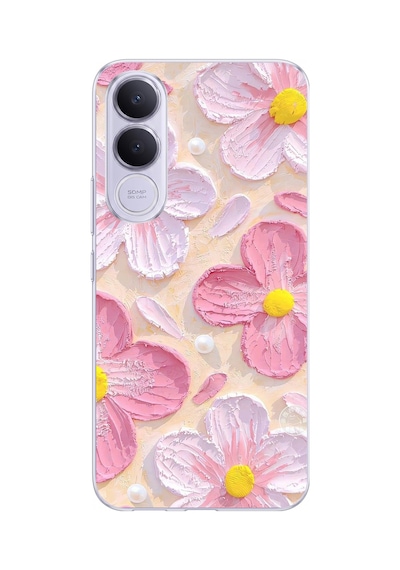 Vivo V70 Fe Uyumlu Pembe Beyaz Çiçekler Sulu Boya Baskılı Silikon Kılıf Renkli