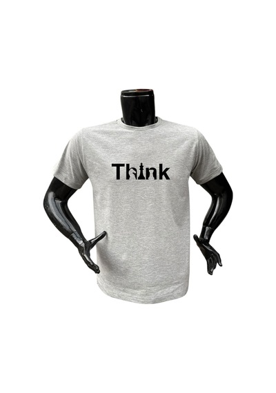 Satranç Think Yazı Baskılı At Ve Kale Baskılı %100 Pamuk Regular Fit Bisiklet Yaka Gri T-shirt Gri