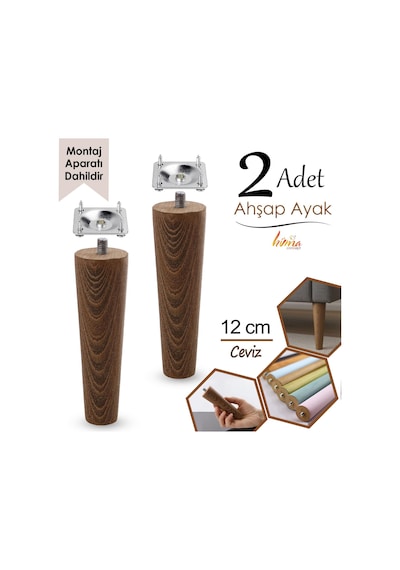 2 Adet Ahşap Ayak 12 Cm Ceviz M8 Civatalı Bağlantı Aparatlı Dolap Mobilya Koltuk Kanepe Destek Ayağı Ayakları Ceviz