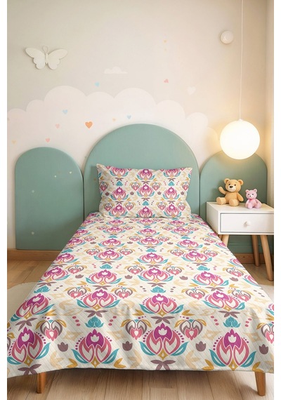 Pembe Çiçekli Bohem Genç Odası Tek Kişilik Pike Takımı-turkuaz Bej 160x220 Cm Kapitone Yatak Örtüsü Bulanık Göl Ufku