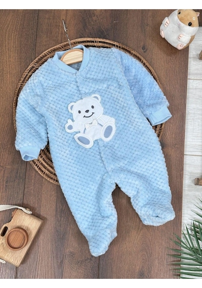 101 Dalmaçyalı Peluş Ayıcık Nakışlı Patikli Çıtçıtlı Kışlık Erkek Bebek Tulum Buz Mavi