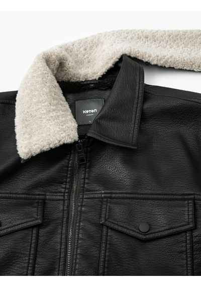 Koton Suni Deri Ceket Yakası Kürklü Cepli Fermuarlı Astarlı Slim Fit Siyah 5wam20085hw Siyah