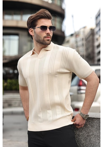 Madmext Taş Rengi Polo Yaka Triko Erkek Tişört E7469 Taş Rengi