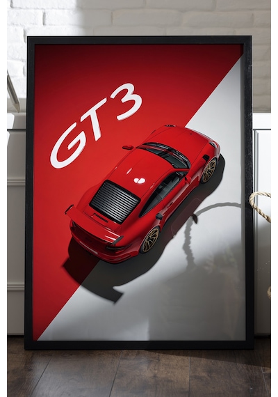 Porsche Gt3 Siyah Ahşap Çerçeveli Poster, Dekoratif Araba Duvar Tablosu