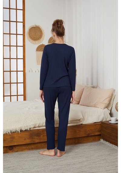 Siyah İnci Fitilli Örme Pijama Takım25226003 Lacivert