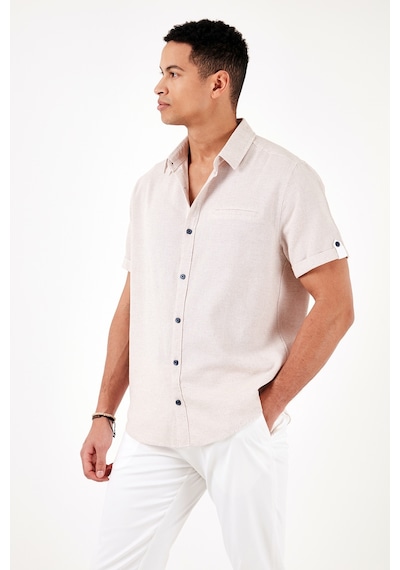 Buratti % 100 Pamuk Keten Görünümlü Slim Fit Kısa Kollu Erkek Gömlek Cf21S111766 Taş
