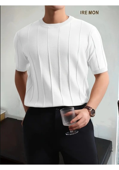 Erkek Slim Dar Bisiklet Yaka Düz Triko T-shirt Beyaz