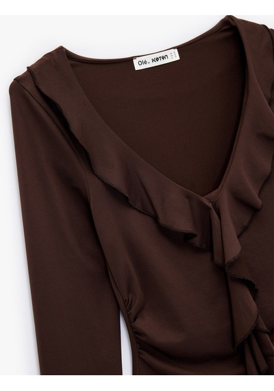 Koton Fırfır Detaylı Uzun Kollu Slim Fit V Yaka Tişört Kahverengi 6wal10543ık Kahve
