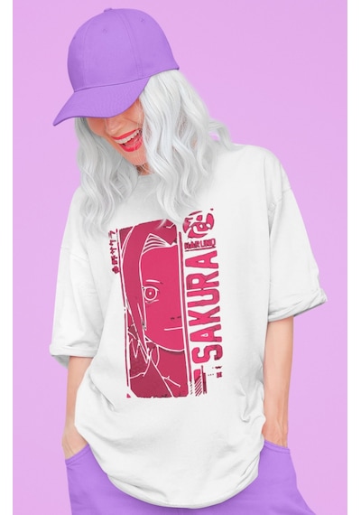 Sevbano Tasarım Haruno Sakura Baskılı Unisex Oversize Naruto Anime Dizi K Beyaz