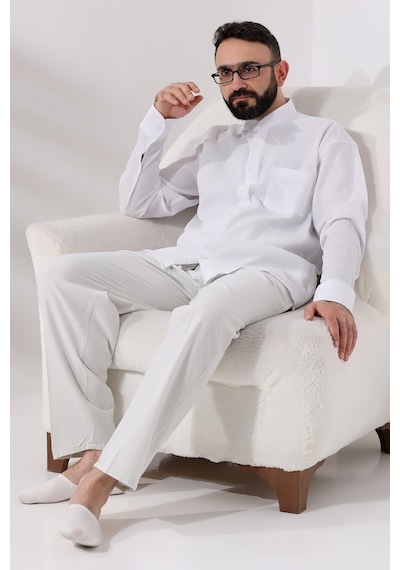Beyaz Erkek Rahat Kesim Hakim Yaka Şile Bezi Hac Ve Umre Gömlek 001