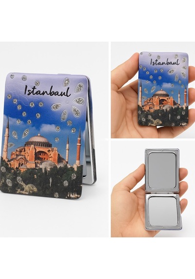 İstanbul Temalı Simli Büyüteçli Pratik Mini Cep Çanta Makyaj Aynası Çok Renkli