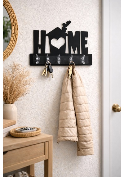 Home Yazılı Dekoratif Duvar Askılığı 6 Kancalı Anahtarlık Ve Askı 39,5 X 28,5 Cm Siyah Siyah