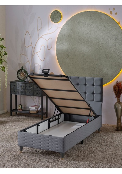Beehanem Bengü Tek Kişilik 3lü Set Yatak+baza+başlık Gri 120 X 200