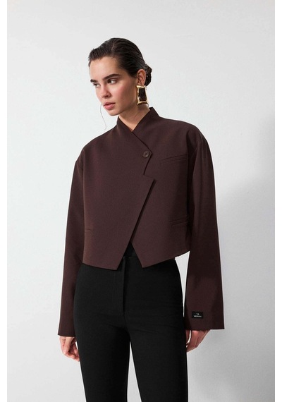 Vatkalı Diagonal Crop Blazer Ceket-16645 Kahverengi