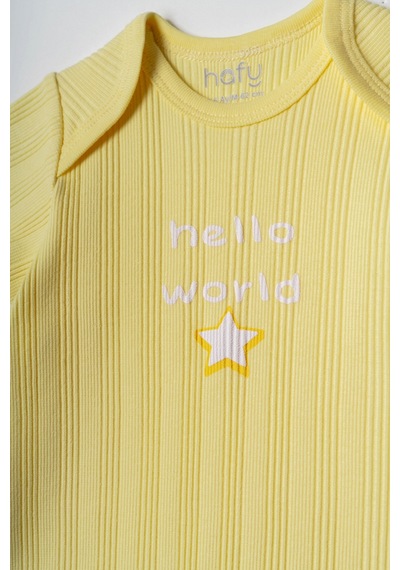 Hafy Baby Hello World Nakışlı, Zarf Yaka, 2 Li Yazlık Bebek Body / Zıbın Takımı Sarı - Beyaz