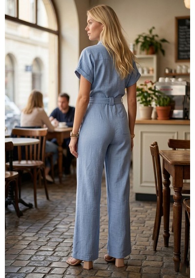 Armonika Kadın Bebe Mavi Önden Düğmeli Beli Kuşaklı Cepli Yarasa Kol Palazzo Tulum Arm-24y001105