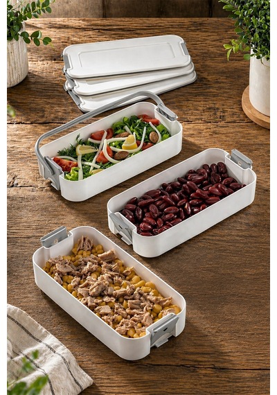 3 Katlı Bölmeli Lunchbox - Kilitli - Taşıma Saplı - Kaşık & Çatal Dahil G-770 Gri Gri