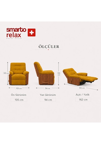 Smarto Relax Ticino Manuel Mekanizmalı Ayak Uzatmalı Ahşap Yan Panelli Polyester Tv Koltuğu Baba Koltuğu Sarı