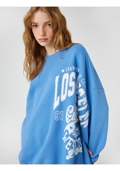 Koton Bisiklet Yaka Sweatshirt Uzun Kollu Baskılı Rahat Kesim Mavi 3sal10402ık Mavi