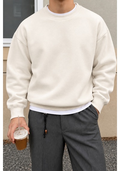 Tarz Cool Erkek 3 İplik Şardonlu Regular Fit Bisiklet Yaka Basic Sweatshirt Beyaz