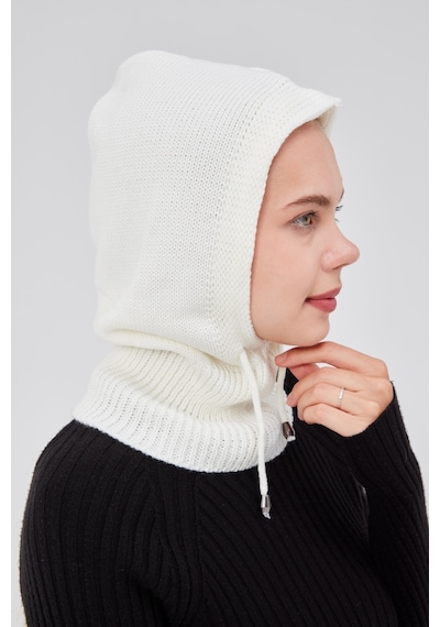 Derikem Lüks Kadın Kışlık Balaclava Triko Örme Başlık Beyaz