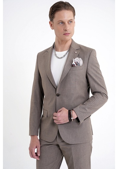 Efor Slim Fit Mono Yaka Esnek Yünlü Bej Çizgili Takım Elbise Tk 942