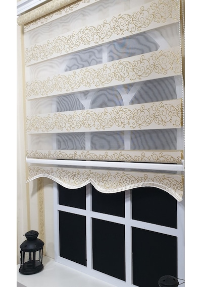 Zebra Stor Perde Sarı Sarmaşık Desen Altın Simli Etek Dilimli Stb9300 V 02