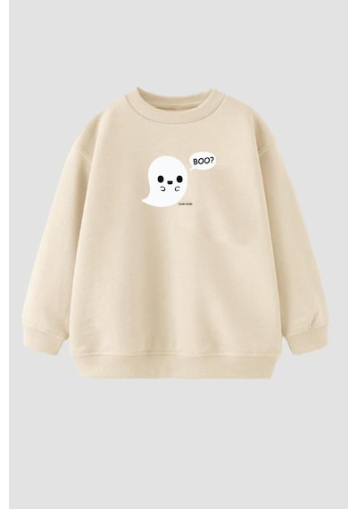 Monila Unisex Çocuk Cadılar Bayramı Temalı Baskılı Pamuklu Sweatshirt Taş