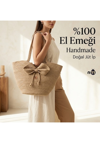 Zezedesign El Yapımı %100 Doğal Jüt İp Kadın Çantası.fiyonk Detaylı Plaj Çantası. Kadın Çantası Hasır