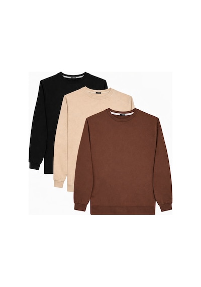 Tudors Erkek 3'lü Kahverengi-taş-siyah Relax Fit Rahat Kesim %100 Pamuk 2 İplik Bisiklet Yaka Sweatshirt-42288 Çok Renkli