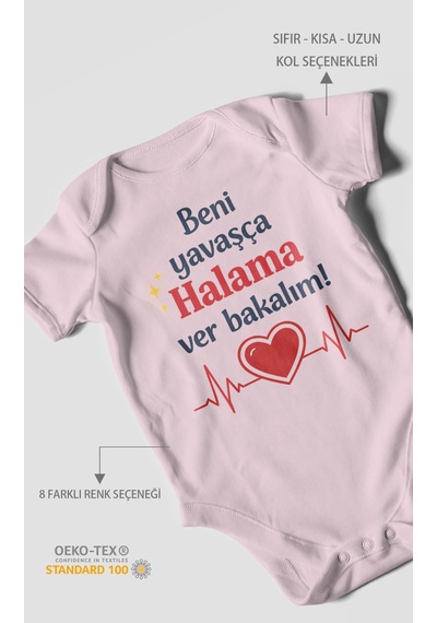 Morivokids Beni Yavaşça Halama Ver Bakalım Kısa Kollu Bebek Body %100 Pamuk Bebe Pembe