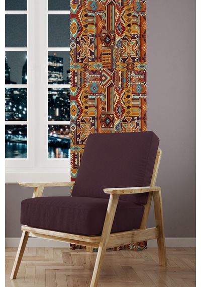 Etnik Kilim Desenli Süet Oturma Odası Salon Fon Perde Baskılı Ekstrafor Büzgü Tek Kanat Prd-1019 Çok Renkli