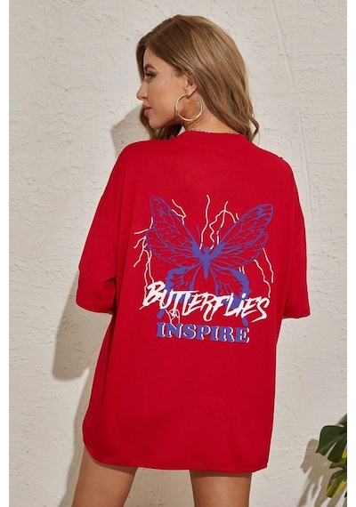 Unisex Butterfly & Letter Graphic Tasarım Tshirt Kırmızı