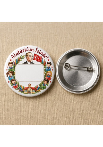 Fikart Atatürk'ün İzinde - Defne Çerçeveli - Okul Ve Öğrenci Temalı 58mm İğneli Metal Buton Rozet Çok Renkli