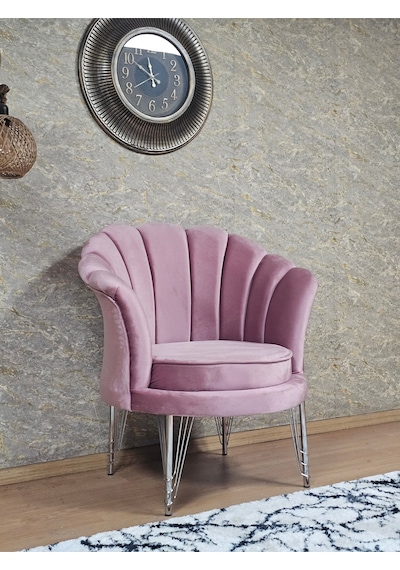Zafir Tekli İstiridye Krom Kaplama Telli Ayak Çay Seti Koltuk Tekli Berjer , Balkon, Salon, Ofis Pembe