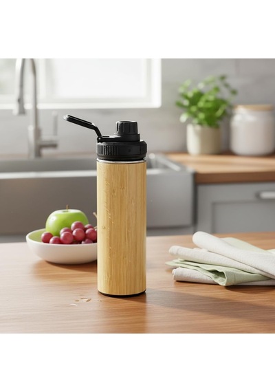 Lexroo 450 Ml Bambu Kaplama Tabanlı Mat Siyah Çelik Termos