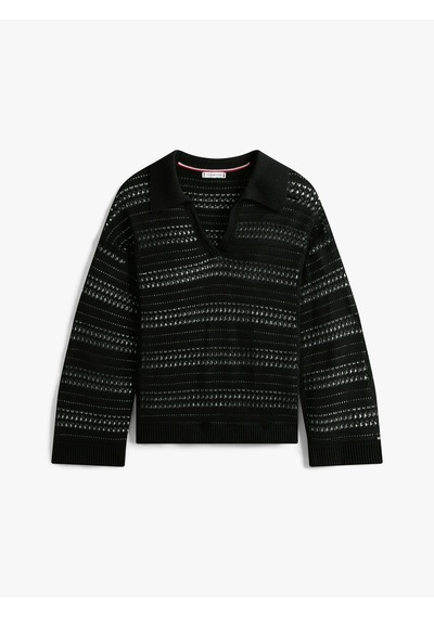 Tommy Hilfiger Crochet Rlx Ls Polo Swt Kadın Siyah Kazak - Ww0ww46524 Siyah