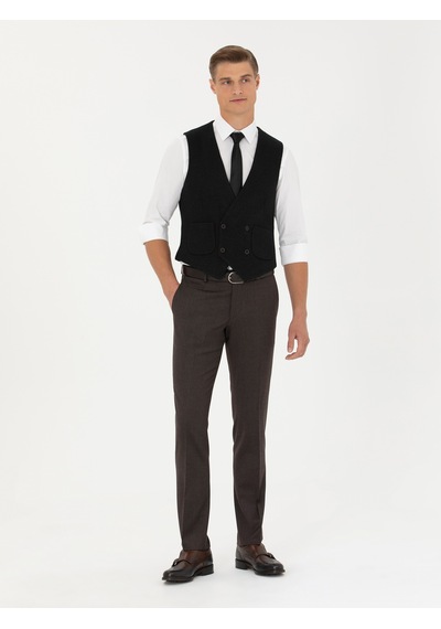 Cacharel Siyah Slim Fit Yün Karışımlı Çizgili Klasik Yelek