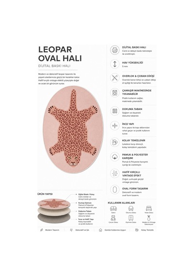 Leopar 07 Açık Pembe Leopar İnce Vintage Görünüm Şönil Dokuma Ev Oda Salon Mutfak Koridor Halısı