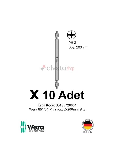 Alveta Wera 851/24 Ph2 X 200mm Tornavida Ucu 10 Adet Yıldız Vidalama Bits Seti Profesyonel Seri