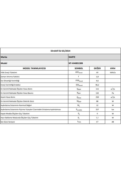Narte NT-HI400130B Ankastre Ada Davlumbaz