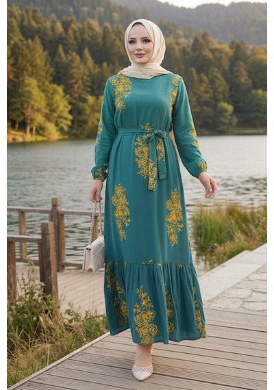 Bestenur Noyra Desenli Viskon Elbise 1722 - Yeşil