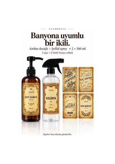 Alubrella 500 Ml Amber Pompalı Ve Şeffaf Sprey Boş Şişe 2 Li Set Ve Banyo Etiketleri