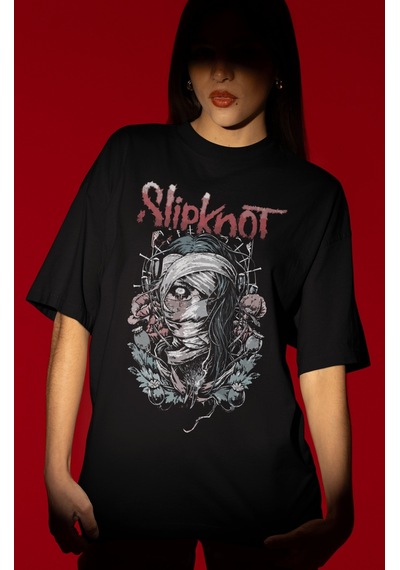 Sevbano Slipknot Rock Metal Müzik Grubu Ön Baskılı Unisex Oversize Tişört Siyah