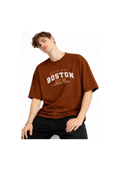 Misa Tahtakale Boston - Baskılı Oversize Tişört Kahve Çok Renkli