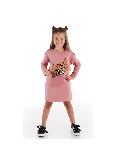 Pembe Leopar Cepli Uzun Kollu Kız Çocuk Elbise