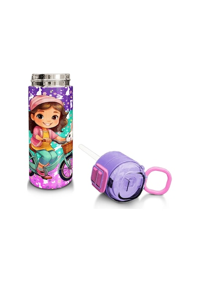 Coral High Kids Mor Pembe Bisikletli Kız Desenli Pipetli Ve Direkt İçim Çelik Termos 500 Ml 31797 Mor