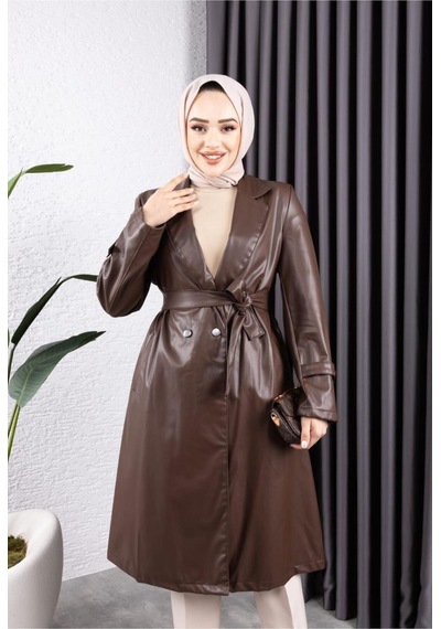 Harman Butik Kadın Deri Cepli Kuşaklı Trençkot Kahverengi Kahverengi