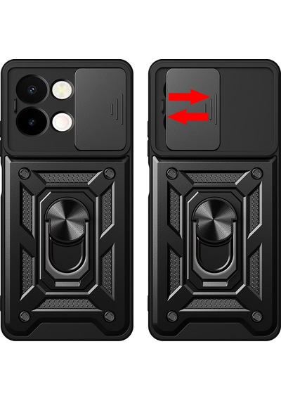 Vivo Y28 Kılıf Magnetik Standlı Kamera Korumalı Zore Sürgülü Vega Kapak Siyah